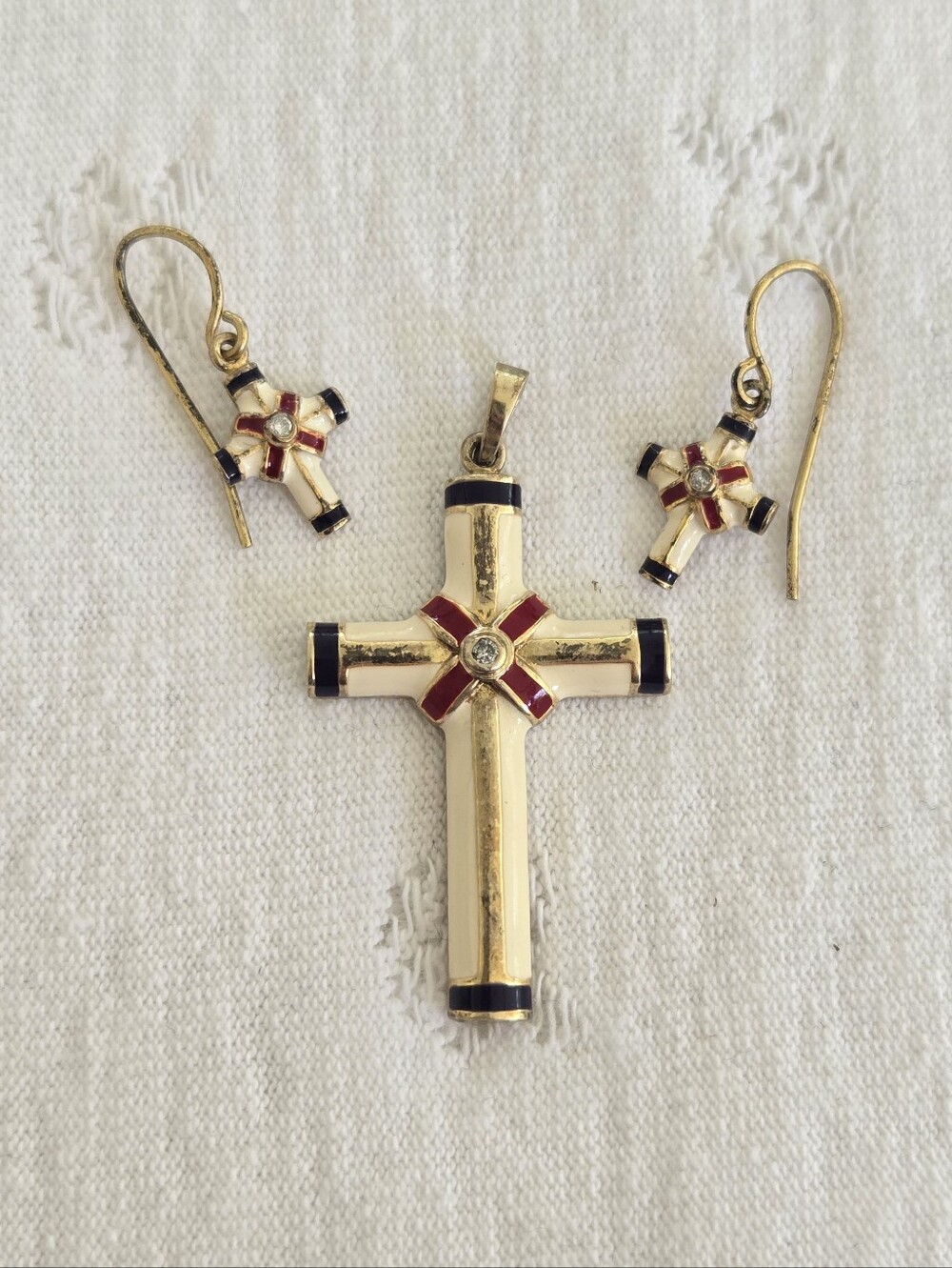 Danbury Mint Sterling Silver Diamond Enamel Cross Pendant & Earrings MBI 925 USA